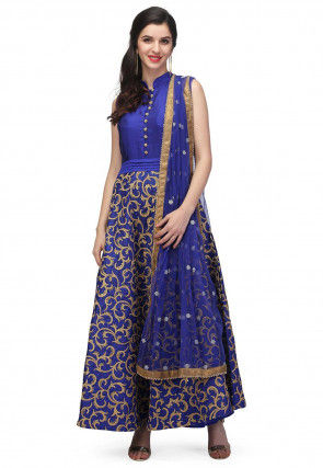 Embroidered Art Silk Abaya Style Suit in Royal Blue