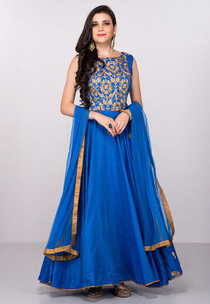 Embroidered Art Silk Abaya Style Suit in Royal Blue