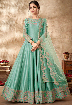 embroidered art silk abaya style suit in sea green v1 kch10057