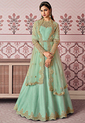Embroidered Art Silk Abaya Style Suit in Sea Green