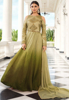 Embroidered Art Silk Abaya Style Suit in Shaded Olive Green