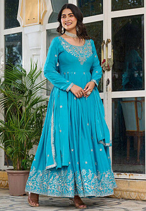 Embroidered Art Silk Abaya Style Suit in Sky Blue
