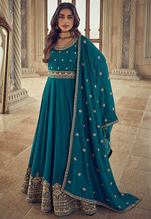 Embroidered Art Silk Abaya Style Suit in Teal Blue