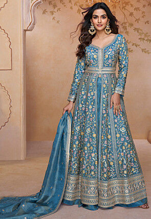Embroidered Art Silk Abaya Style Suit in Teal Blue