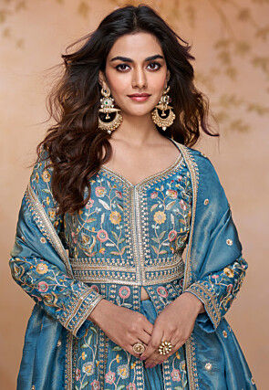 Embroidered Art Silk Abaya Style Suit in Teal Blue