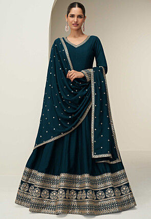 Embroidered Art Silk Abaya Style Suit in Teal Blue
