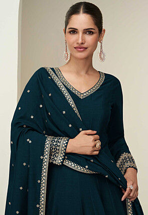 Embroidered Art Silk Abaya Style Suit in Teal Blue