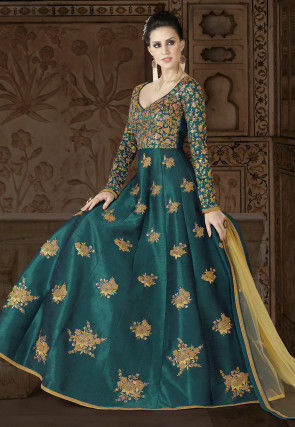 Embroidered Art Silk Abaya Style Suit in Teal Green