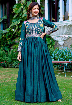 Embroidered Art Silk Abaya Style Suit in Teal Blue