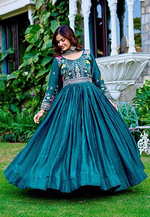 Embroidered Art Silk Abaya Style Suit in Teal Blue