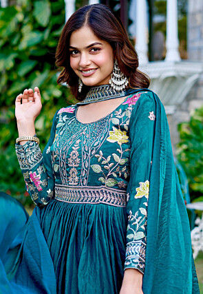 Embroidered Art Silk Abaya Style Suit in Teal Blue