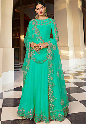 Embroidered Art Silk Abaya Style Suit in Teal Green