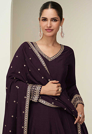 Embroidered Art Silk Abaya Style Suit in Violet