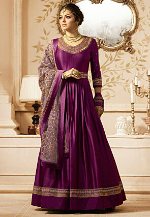 Embroidered Art Silk Abaya Style Suit in Violet