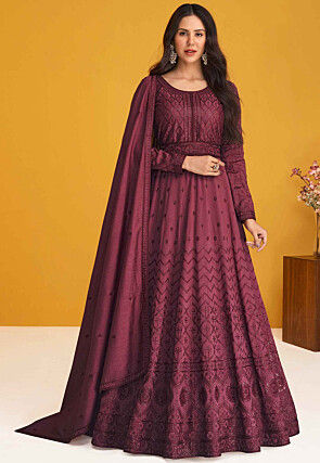 Embroidered Art Silk Abaya Style Suit in Wine
