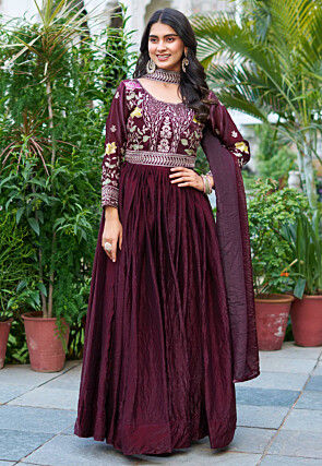 Embroidered Art Silk Abaya Style Suit in Wine