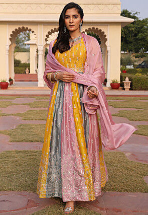 Embroidered Art Silk Abaya Style Suit in Yellow
