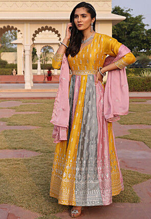 Embroidered Art Silk Abaya Style Suit in Yellow