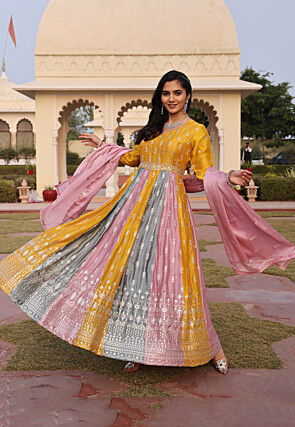 Embroidered Art Silk Abaya Style Suit in Yellow