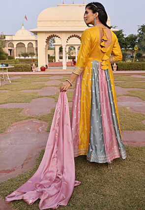 Embroidered Art Silk Abaya Style Suit in Yellow