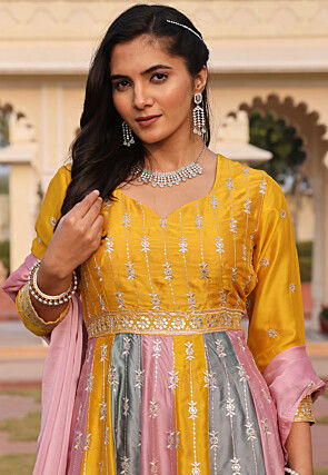 Embroidered Art Silk Abaya Style Suit in Yellow