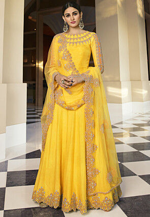 Embroidered Art Silk Abaya Style Suit in Yellow