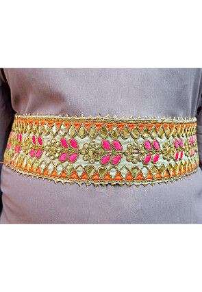 Embroidered Art Silk Adjustable Waist Belt in Beige