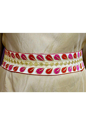 Embroidered Art Silk Adjustable Waist Belt in Light Beige
