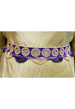 Embroidered Art Silk Adjustable Waist Belt in Royal Blue