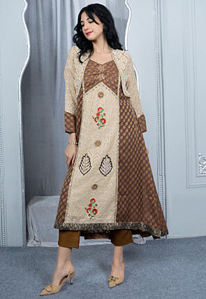 Embroidered Art Silk Aline Kurta Set in Beige & Brown