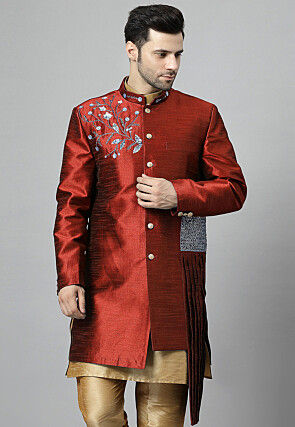Embroidered Art Silk Long Jacket in Maroon
