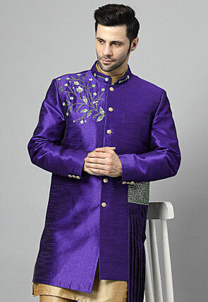 Embroidered Art Silk Long Jacket in Purple
