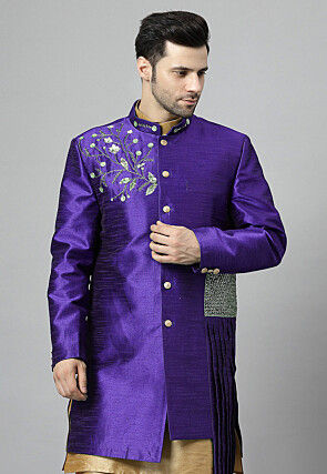 Embroidered Art Silk Long Jacket in Purple