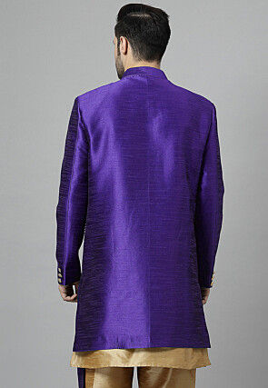 Embroidered Art Silk Long Jacket in Purple