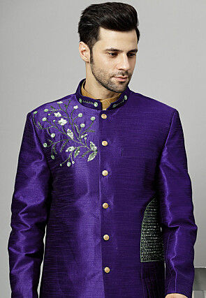 Embroidered Art Silk Long Jacket in Purple