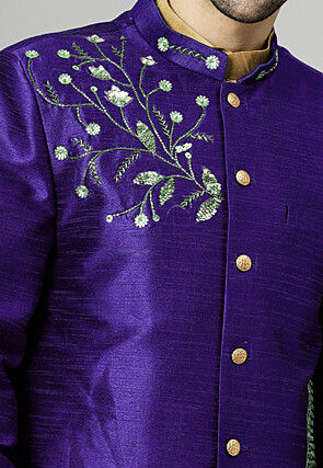 Embroidered Art Silk Long Jacket in Purple