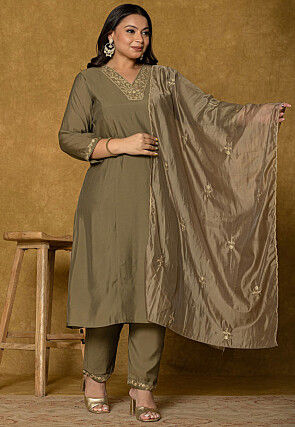 Embroidered Art Silk Aline Suit in Dark Fawn