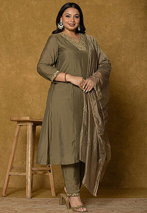 Embroidered Art Silk Aline Suit in Dark Fawn