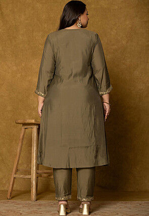 Embroidered Art Silk Aline Suit in Dark Fawn