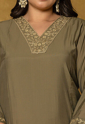 Embroidered Art Silk Aline Suit in Dark Fawn