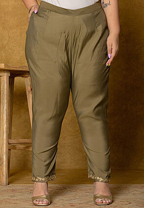 Embroidered Art Silk Aline Suit in Dark Fawn