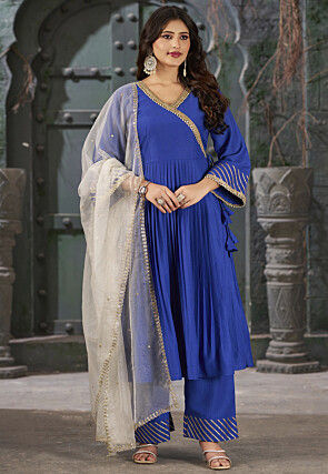 Embroidered Art Silk Aline Suit in Navy Blue