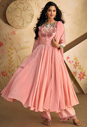 Embroidered Art Silk Aline Suit in Pink