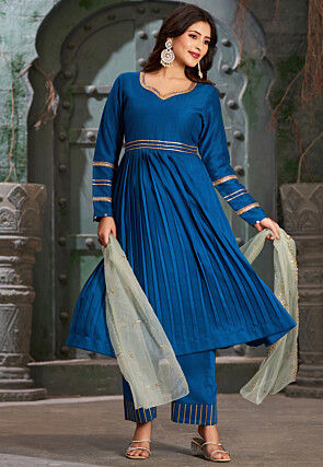 Embroidered Art Silk Aline Suit in Royal Blue