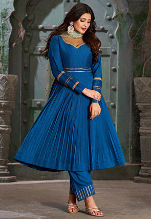 Embroidered Art Silk Aline Suit in Royal Blue