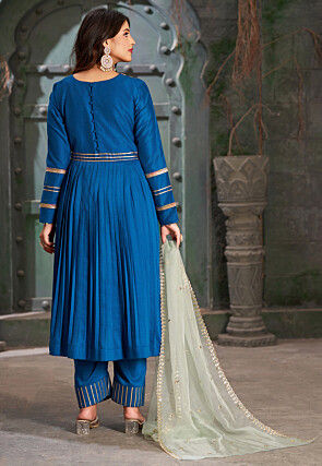 Embroidered Art Silk Aline Suit in Royal Blue