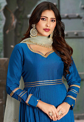Embroidered Art Silk Aline Suit in Royal Blue