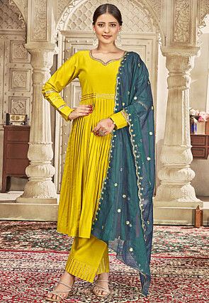 Embroidered Art Silk Aline Suit in Green