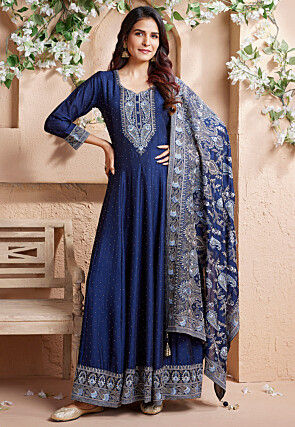 Embroidered Art Silk Anarkali Front Open Suit in Navy Blue