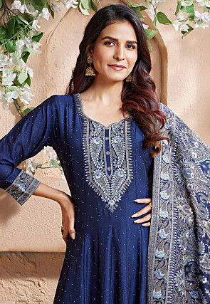 Embroidered Art Silk Anarkali Front Open Suit in Navy Blue